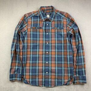 Patagonia Men Shirt Small Blue Orange Plaid Western Pearl Snap Button Up Organic